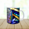 Floral faux stained glass style mug close-up. Personalized bird coffee mug with name. Hummingbird ceramic cup with purple blossoms. 